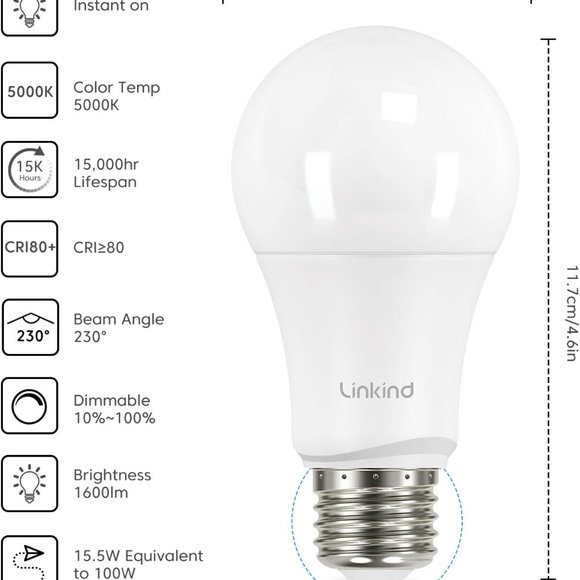 Linkind Dimmable A19 LED Light Bulbs, 100W Equivalent, E26 Base, 5000K Daylight, - Picture 6 of 7